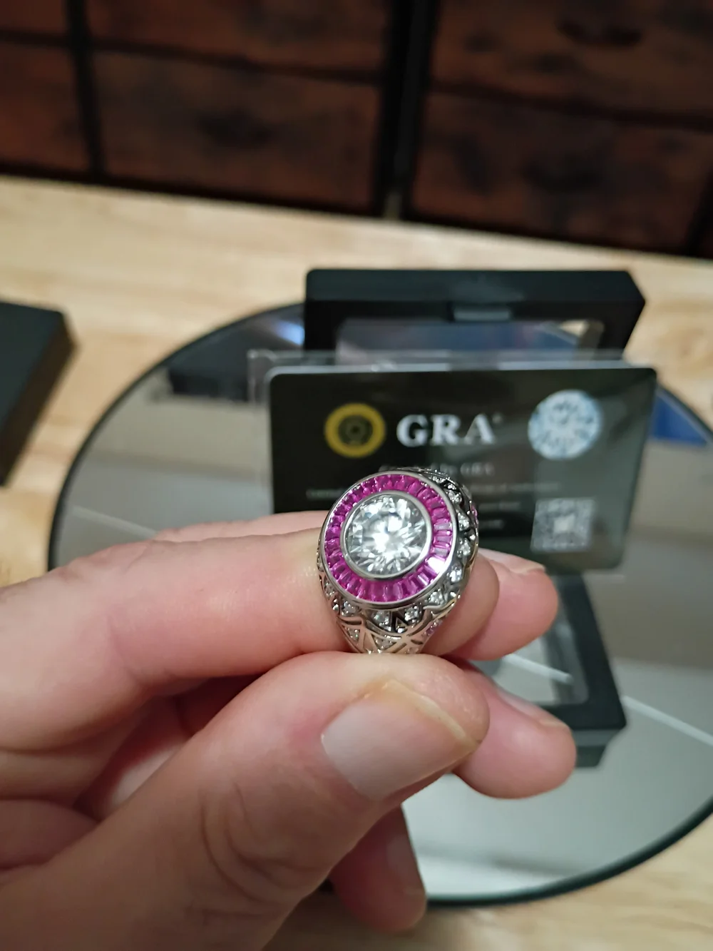 GRA Certified Round Halo Ring with Pink Stones